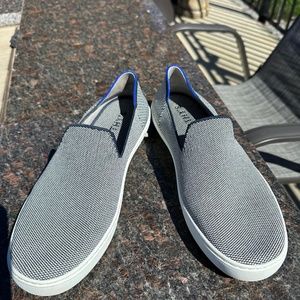 Rothy’s women’s slip ons limited edition blue and white pattern.